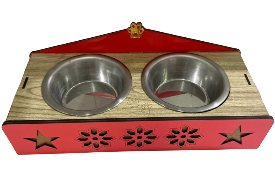 AHŞAP STAND ÇELİK MAMA KABI KIRMIZI